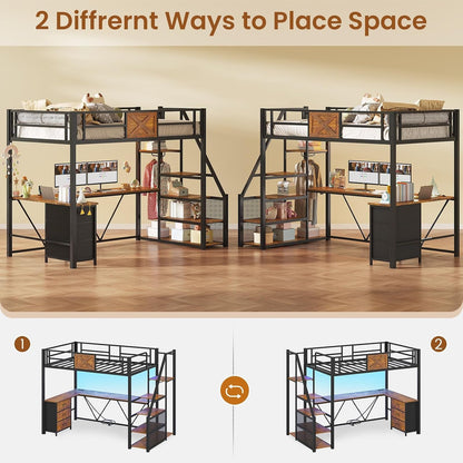 Stairway Twin Size Loft Bed with L Shaped Desk and Wardrobe, Metal Loft Bed Frame with Storage Stairs, 3 Fabric Drawers, LED Lights & Charging Sation (Rustic Brown, Twin)8