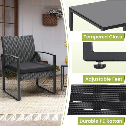 Outdoor 3-Piece Wicker Bistro Set, Patio Conversation Set | 2 Chairs with Coffee Table, for Balcony, Porch, Garden, Yard, Poolside, Black Frame & Black Cushion4