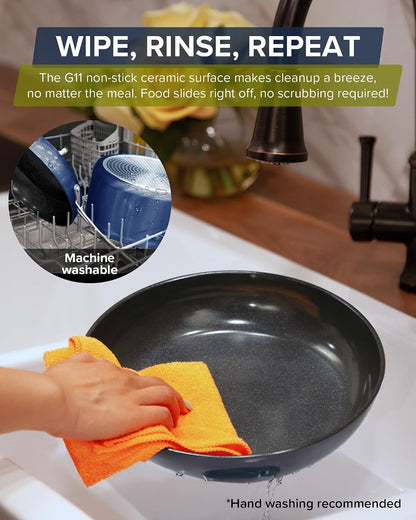 Healthy G11-Pots and Pans Set Non Stick, Works on All Stovetops | 9H Near-Diamond Hardness Scratch-Resistant, PFAS Free, with Frying Pans, Saucepans & Glass Lids, Stay-Cool Handles, Cool Gray7