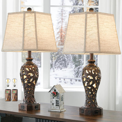 Set of 2 Farmhouse Table Lamps for Living Room with USB C+A Ports1