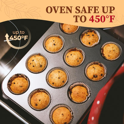 2-Pack 12-Cup Muffin Pan Set, Carbon Steel Nonstick Cupcake Tin | Includes 200 Liners, Durable Carbon Steel, Nonstick Release, for Cupcakes, Muffins, Egg Bites, Brownies, Oven Safe 450°F7