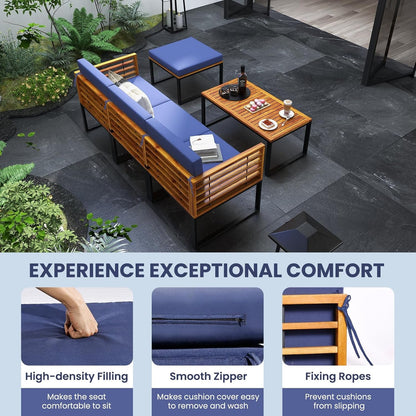 5 Pieces Patio Conversation Set, Acacia Wood Chair Set with Ottoman & Coffee Table, Comfy Seat & Back Cushions, Outdoor Wood Furniture Set for Backyard, Poolside, Garden9