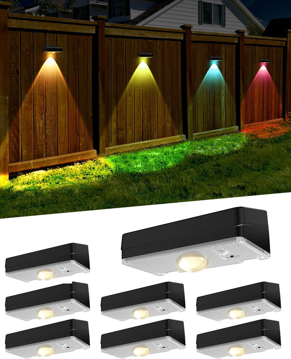 2025 Upgraded Solar Fence Lights Outdoor 8 Pack, 3000K-6000K Solar Deck Lights 30H Runtime, 12 RGB Modes Solar Powered Wall Lights IP65 Waterproof Auto On/Off for Backyard, Patio, Step, Gutter 1 Lens1