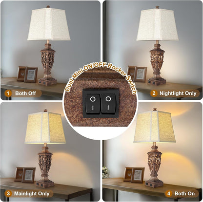 Vintage Resin Table Lamps with Night Light for Bedroom Living Room | 28.5" Tall, Night Light, Farmhouse Table Lamps Set of 2 with USB A+C Charging Ports, Linen Shade, Bulb Included, Bedside Lamp3