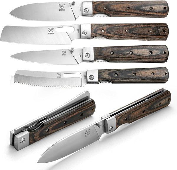 440A Stainless Steel 4 - Piece Folding Knife Set, Black - Colored Wood Handle, Sharp Pocket Knives for Chef/Bread/Peeling, Portable Kitchen & Outdoor Use2