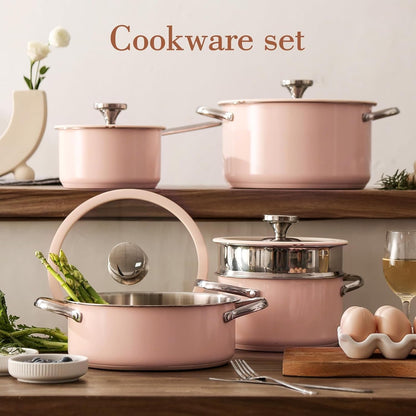 9Pcs Stainless Steel Cookware Set for Family Kitchen, 304 Grade, Ceramic Coated Exterior, Induction Compatible Pots and Pans with Glass Lids, Non-Toxic & Easy to Clean,Pink7