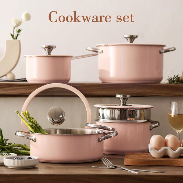 9Pcs Stainless Steel Cookware Set for Family Kitchen, 304 Grade, Ceramic Coated Exterior, Induction Compatible Pots and Pans with Glass Lids, Non-Toxic & Easy to Clean,Pink7