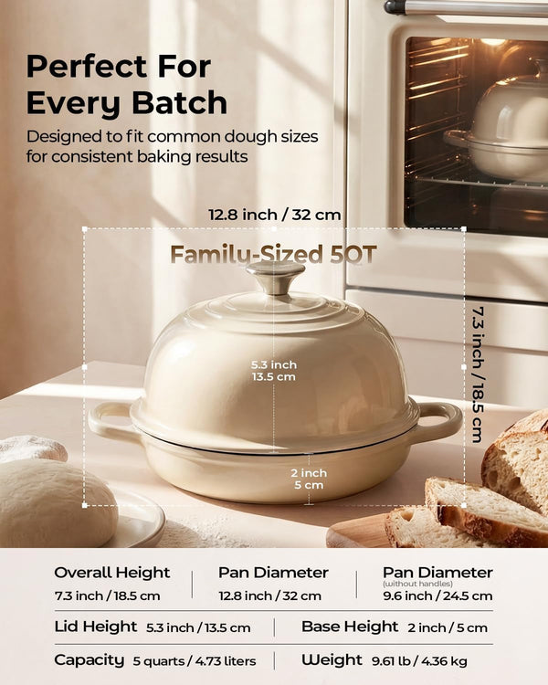 5QT Enameled Cast Iron Sourdough Bread Oven for Homemade, White | Tight-Fitting Dome Lid, Shallow Base Supports Easier Loading & Crisp Sourdough Crusts, Gifts for Sourdough Bakers8