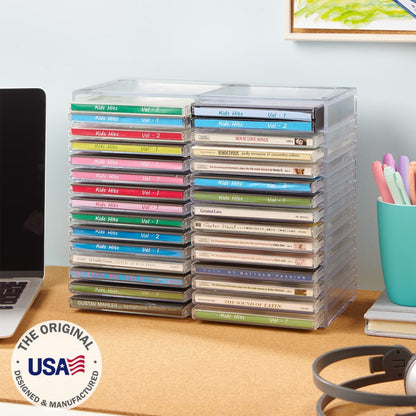 Stackable Clear Plastic CD Organizer with Rubber Feet | Rectangular Jewel Cases Holder Perfect for Theatre Room | Holds up to 30 CD Cases | Made in USA2