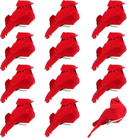 12 Pcs Cardinals Birds Christmas Ornaments, Mini Cardinal Clip on Christmas Tree Decorations, Artificial Velvet Feather Red Birds for Wreaths DIY Crafts Centerpieces Holiday Home Decor1