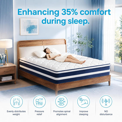 Queen Mattress 14 Inch, Hybrid Euro Top with Individually Wrapped Coils, Pressure Relief for Shoulder & Hips, Zero Motion Transfer6