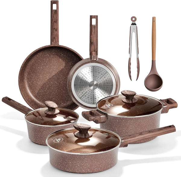 10Pcs Induction Pots & Pans Set Non Stick, Brown | Nonstick Cookware Set, Healthy Non Toxic Cooking Pans and Pots, Easy to Clean, PFOA&PFAS Free1