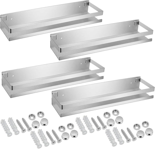 4 Pieces Stainless Steel Shelf Bathroom Shower Floating Shelves Wall Mounted Shower Caddy Basket Shelf Storage Organizer Shelves for Bathroom, Kitchen, Living Room, Silver, 15.75 Inch1