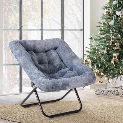 Oversized Square Moon Chair for Adults, Soft Faux Fur Folding Lounge Chair with Sturdy Steel Frame, Comfortable Reading Gaming Chair for Living Room, Bedroom, Grey2