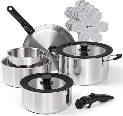 14Pcs Tri-Ply Stainless Steel Cookware Set with Detachable Handles, Stackable Pots and Pans Set for Rvs, Small Kitchens & Apartments, Induction Compatible, Oven Safe, No Coating & No PFAS1