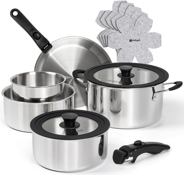14Pcs Tri-Ply Stainless Steel Cookware Set with Detachable Handles, Stackable Pots and Pans Set for Rvs, Small Kitchens & Apartments, Induction Compatible, Oven Safe, No Coating & No PFAS1