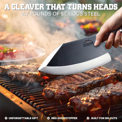 Dynamite Cleaver Meat Cleaver Knife Leather Sheath Heavy Duty High Carbon Steel Butcher Knife Full Tang Wood Handle BBQ Meat Cutting Outdoor Camp Cooking Bone Chopping Portable Butchering2