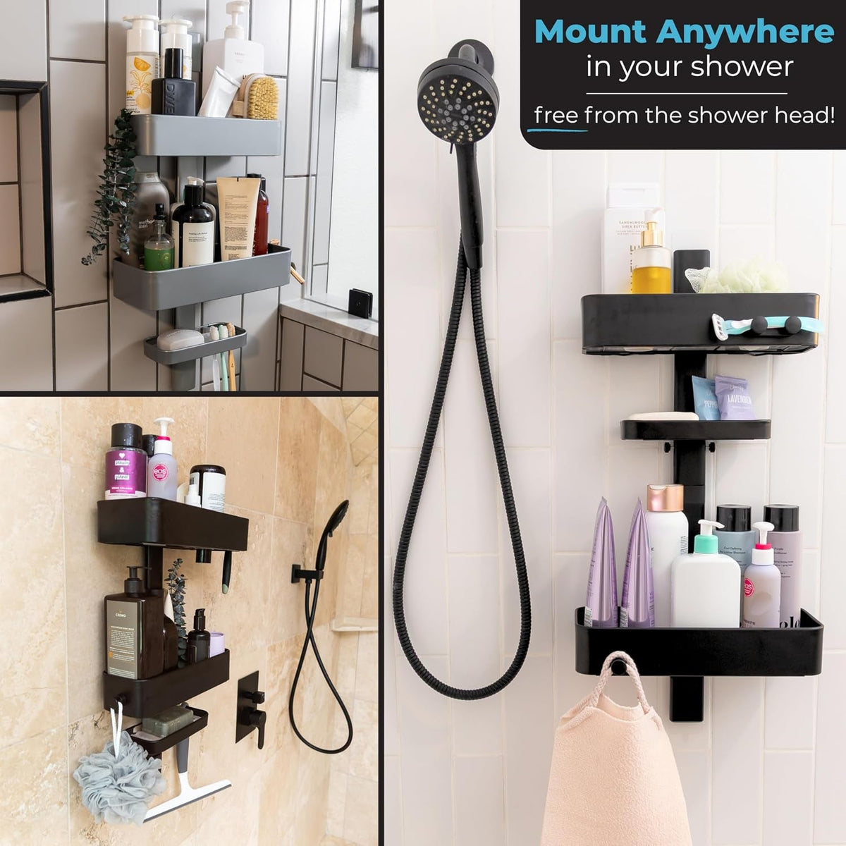 shower-caddy-adjustable-shelves-magnetic-hooks-black