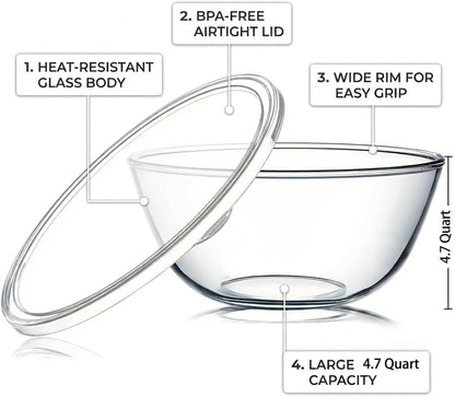 Glass Mixing Bowls with Lids, 4.7QT Large Glass Bowl for Sourdough Bread Proofing, Heat-Resistant Mixing Bowls for Kitchen, Baking, Marinating & Food Storage, Microwave & Dishwasher Safe2