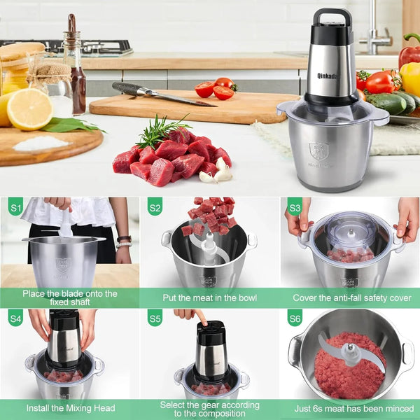 Food Processor, 500W Meat Grinder, 14Cup Stainless Steel Bowl | Powerful with 3 Speed Modes 4 Bi-Level Blades for Onion, Meat, Nuts, Fruit, Garlic, Vegetable, Baby Food3