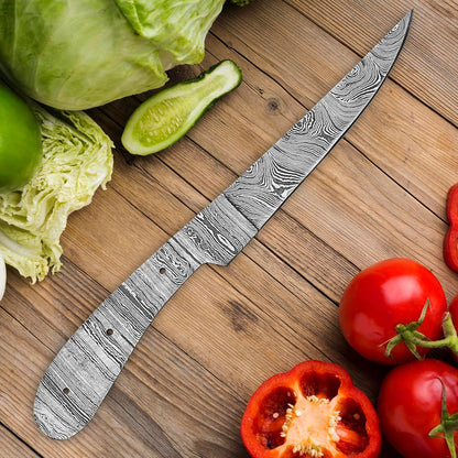 Damascus Steel Fillet Knife Kit, 10 Inches Overall, Fixed Blade, DIY Knifemaking Supplies. Kitchen Knife, Fish Fillet Blank Blade, Large, Amj-Fillet-014