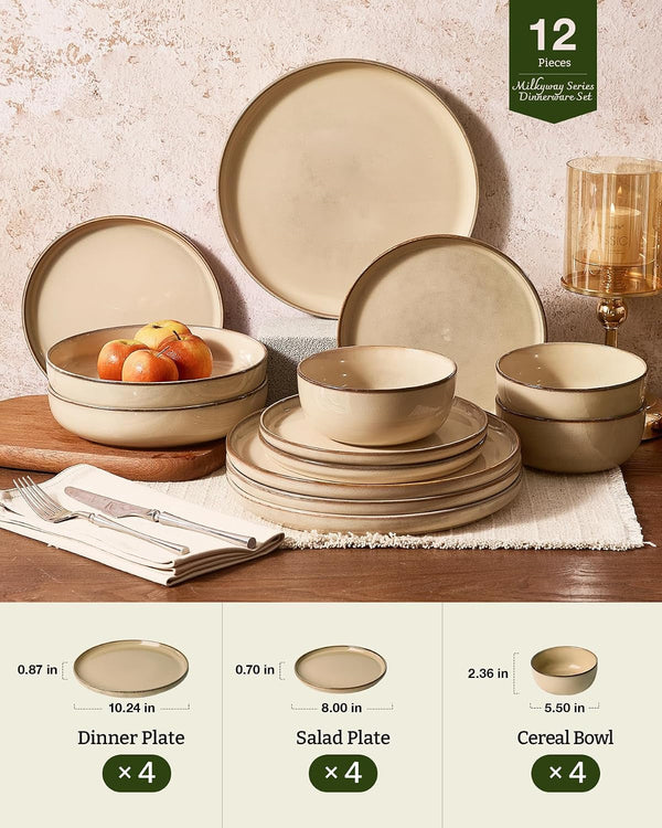 Milkyway 12-Piece Stoneware Dinnerware Set, Milk Tea2