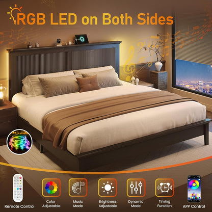 King Bed Frame with Headboard, Solid Wood Bed Frame King Size with Charging Station & RGB LED, Wood Slats Support, Noise-Free, Sturdy Structure, Easy Assembly, Walnut5