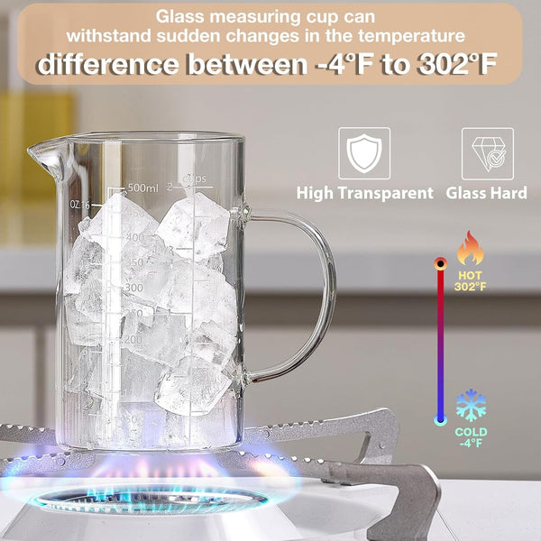 500ML 2 CUP Glass Liquid Measuring Cup with Handle, High Borosilicate Glass Three Scales (OZ, Cup, ML/CC) for Kitchen or Restaurant, V-Shaped Spout Glass Measuring Beaker, Easy to Read5