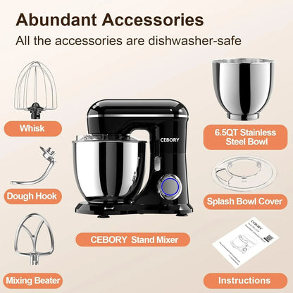 3-IN-1 Electric Stand Mixer, 6.5QT Bowl 660W 10-Speed Kitchen Mixer, Household Food Mixers Include Dough Hook, Beater and Whisk, Bread Cake Mixer for Baking and Most Home Cooks, Black2