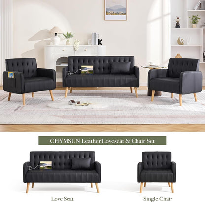57” Faux Leather Loveseat Sofa, Small Tufted Couch (1, Black)7
