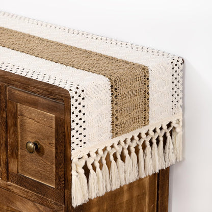 Ivory& Burlap Boho Macrame Farmhouse Woven Table Runner 36Inch1
