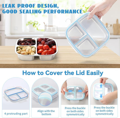 Stainless Steel Snack Containers, 3 Compartments Reusable on and Go Bento Box with Lids for Kids, Lunch Box Pre Meal Storage for Daycare School Outdoor Camping Travel - Blue4