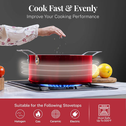 20 Pc Pots and Pans Set Nonstick Cookware + Bakeware Set, Complete Ceramic for Kitchen, Non Stick with Lids, Dishwasher / Oven Safe, Toxic - Red4