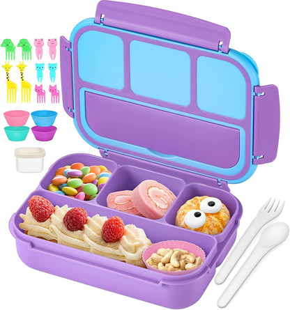Bento Lunch Box for Kids Girls Boys, Toddler Kids Lunch Boxes for School, Lunch Containers for Adults with 4 Compartments, Sauce Container, Utensils, Food Picks and Muffin Cups, Purple1
