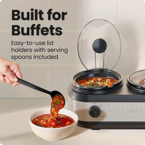 Triple Slow Cooker & Food Warmer, Three Crock Slowcooker with 2.5 Qt. Ceramic Crocks, 7.5-Quart Total Capacity, Pfas-Free, Three Temperature Settings, Dishwasher-Safe Parts – Stainless Steel4