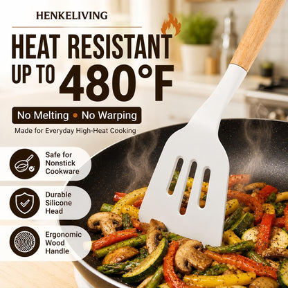 Silicone 10 Pcs Kitchen Cooking Utensils Set, Recycled Materials Certification, BPA Free Spatula Set with Heat Resistant Wood Handles for Nonstick Cookware, Cream White3