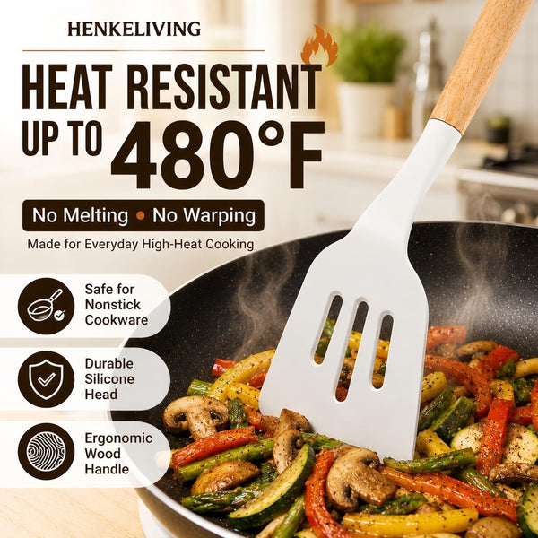 Silicone 10 Pcs Kitchen Cooking Utensils Set, Recycled Materials Certification, BPA Free Spatula Set with Heat Resistant Wood Handles for Nonstick Cookware, Cream White3