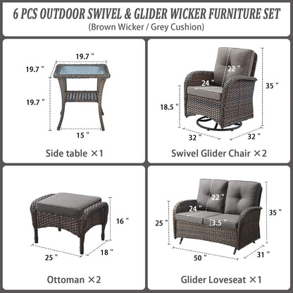 6 Piece Patio Conversation Sets - Wicker Patio Furniture Sets with Outdoor Swivel Rocker Chairs, Glider Loveseat Perfect for Patio Deck Backyard, Brown Wicker Grey Cushion2