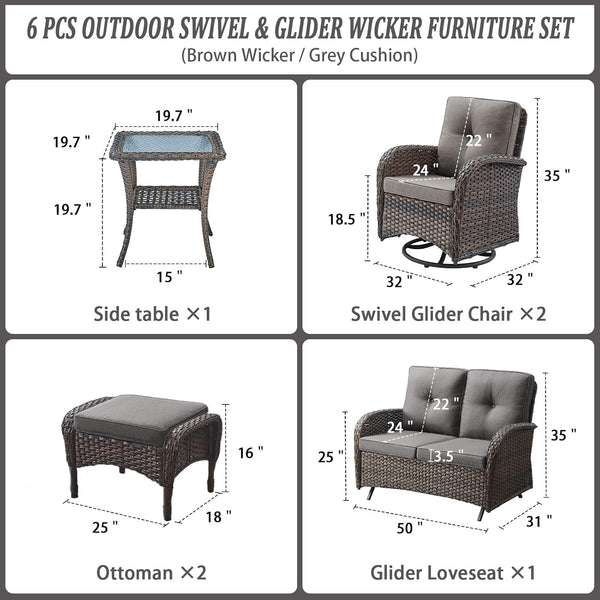 6 Piece Patio Conversation Sets - Wicker Patio Furniture Sets with Outdoor Swivel Rocker Chairs, Glider Loveseat Perfect for Patio Deck Backyard, Brown Wicker Grey Cushion2
