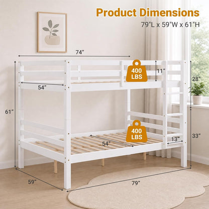 Full over Full Bunk Bed with Thick Posts, Wood Bunkbed, White2