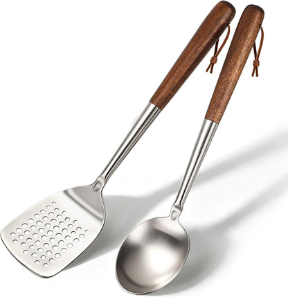 Cooking Spatula 14.2" and Spoon 13.6", Stainless Steel, Wooden Handle1