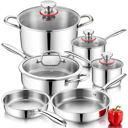 Stainless Steel Cookware Set of 6, 10-Pieces Pots and Pans Sets | 3-Ply Pots and Pans for Kitchen, Induction Multi Cooktops & Oven, Dishwasher Safe, Frying Pans, Saucepans, Saute Pan & Pot1