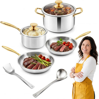 Titanium Pots and Pans Set,6 Pcs,Essential Cookware Set | Titanium Pans for Cooking with Lids, Spoon, Spatula, Triply Titanium No Coating for Induction, Cooktops, Safe up to 1000°F1