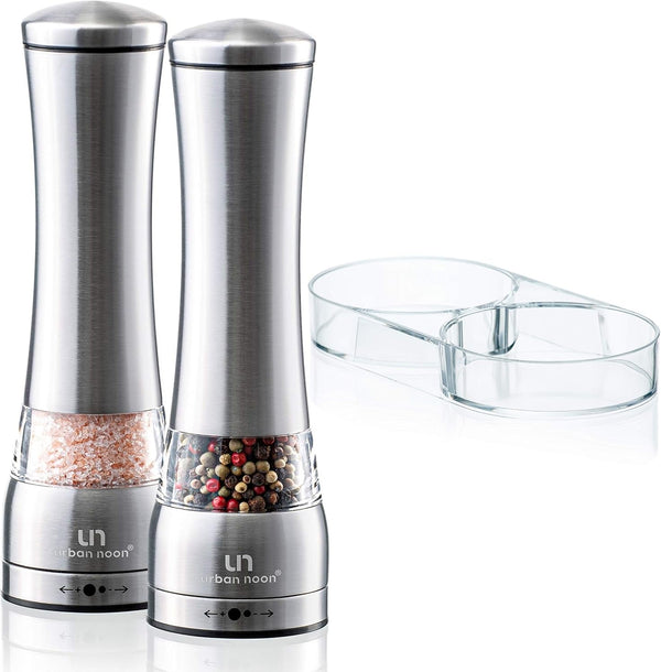 Salt and Pepper Grinder Set - Large Capacity Stainless Steel Pepper Grinder and Salt Grinder with Tray in Luxurious Gift-Box - Manual Mills with Ceramic Grinders and Adjustable Coarseness (Set of 2)8