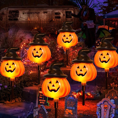 6 Pack Solar Jack O Lantern Stake String Lights - Orange Halloween Pathway Decor for Outdoor Halloween Yard Display1