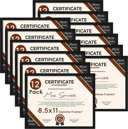 8.5 by 11 Picture Frame Set of 12 for Certificates, Black Wood Grain1