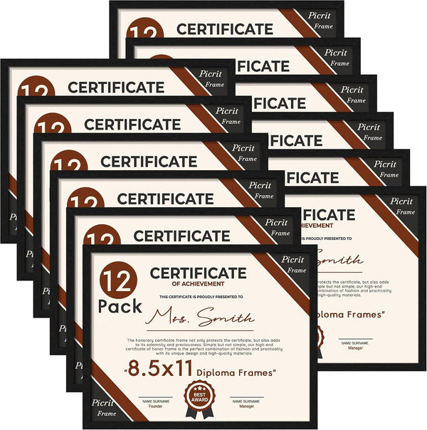 8.5 by 11 Picture Frame Set of 12 for Certificates, Black Wood Grain1
