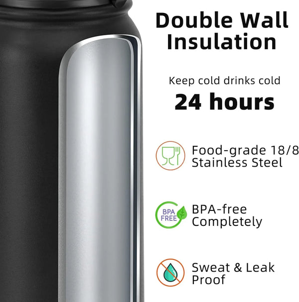 20 Oz Kids Insulated Stainless Steel Water Bottle with Straw Lid, Leakproof & Anti-Dust Everyday Use Bottle for School, Women & Men, Back to School Essentials (Black)3