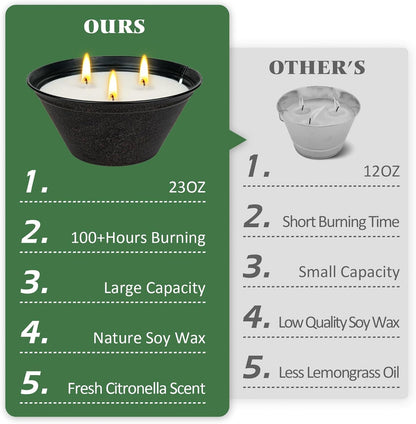Citronella Candles Outdoor Large 23Oz 3-Wick Natural Citronella Lemongrass Soy Wax Bucket Candle up to 100 Hours Outdoor Candles for Patio,Yard,Fishing,Home Decor,Backyard in Summer3