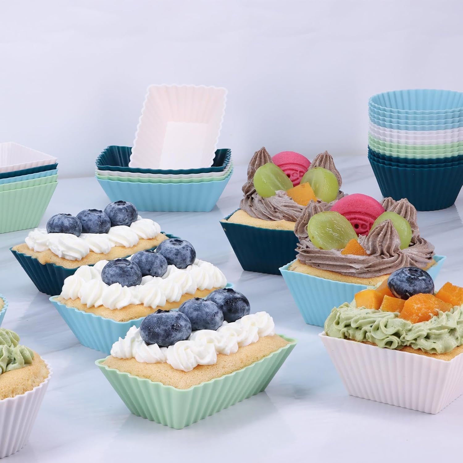 24pack-silicone-muffin-cups-reusable-cupcake-liners-molds-for-baking-3-shapes-lunch-box-bento-dividers-round-square-and-rectangular-neutral-colors-regular-size